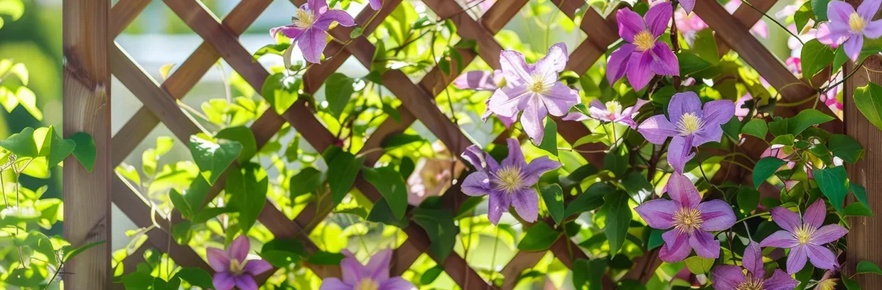 Rosafarbene Clematis wächst an einem Holzgitter im Garten und bedeckt die Rankhilfe mit Blüten und Blättern.