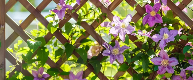 Rosafarbene Clematis wächst an einem Holzgitter im Garten und bedeckt die Rankhilfe mit Blüten und Blättern.