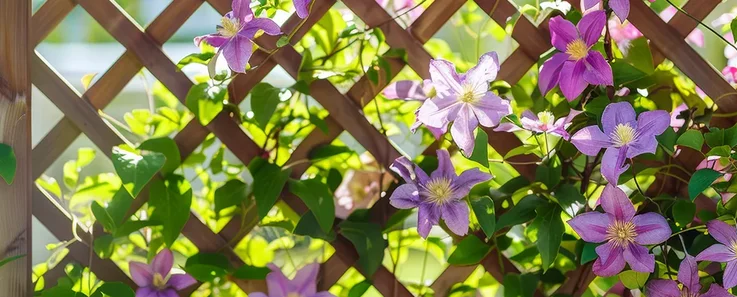 Rosafarbene Clematis wächst an einem Holzgitter im Garten und bedeckt die Rankhilfe mit Blüten und Blättern.