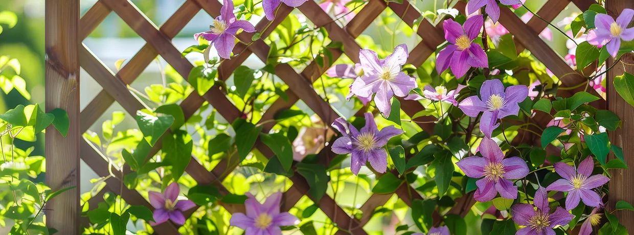Rosafarbene Clematis wächst an einem Holzgitter im Garten und bedeckt die Rankhilfe mit Blüten und Blättern.
