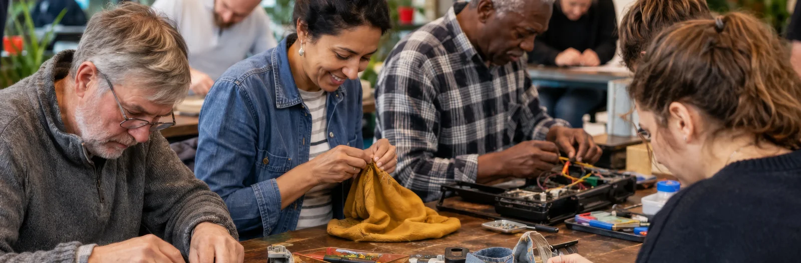 Personen sitzen an einem Tisch und reparieren verschiedene Gegenstände