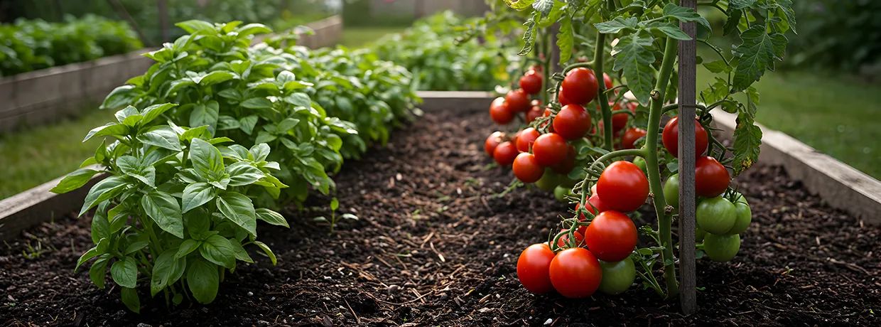 Tomaten- und Basilikumpflanzen wachsen gemeinsam in einem Beet im Garten.