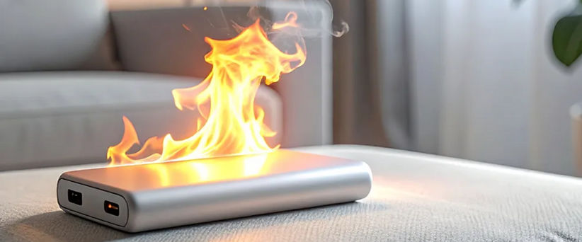Eine brennende Powerbank liegt auf einem weißen Sofa im Wohnzimmer