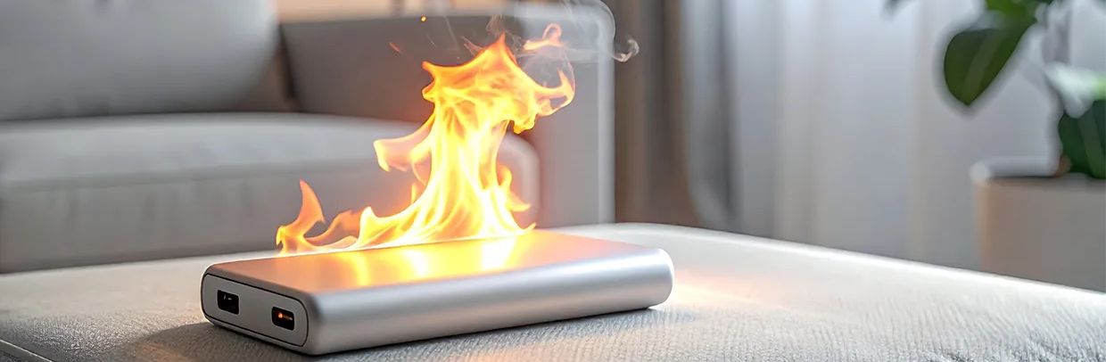 Eine brennende Powerbank liegt auf einem weißen Sofa im Wohnzimmer