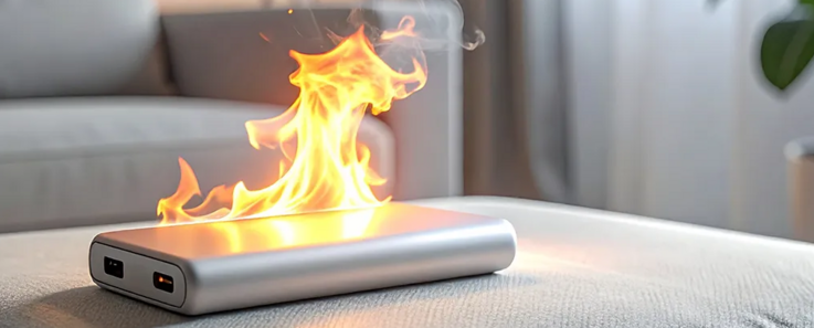 Eine brennende Powerbank liegt auf einem weißen Sofa im Wohnzimmer