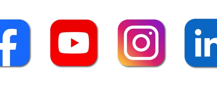 Auflistung der Icons der Social Media Kanäle Facebook, YouTube, Instagram und LinkedIn