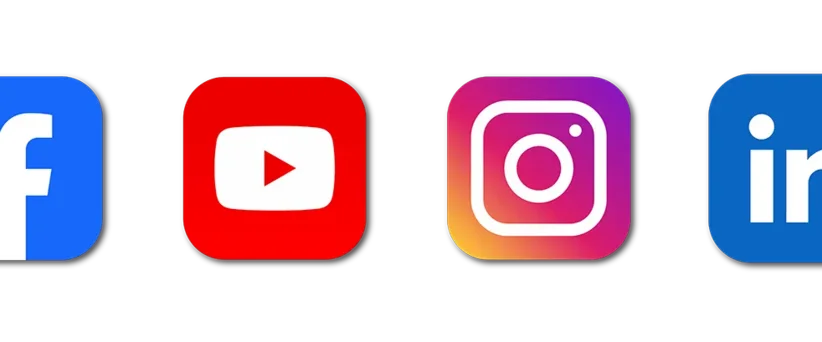 Auflistung der Icons der Social Media Kanäle Facebook, YouTube, Instagram und LinkedIn